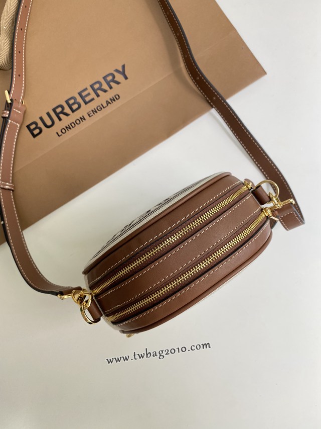 Burberry專門店新款圓餅包 巴寶莉棉質帆布拼皮革圓形斜挎包 yxb1472